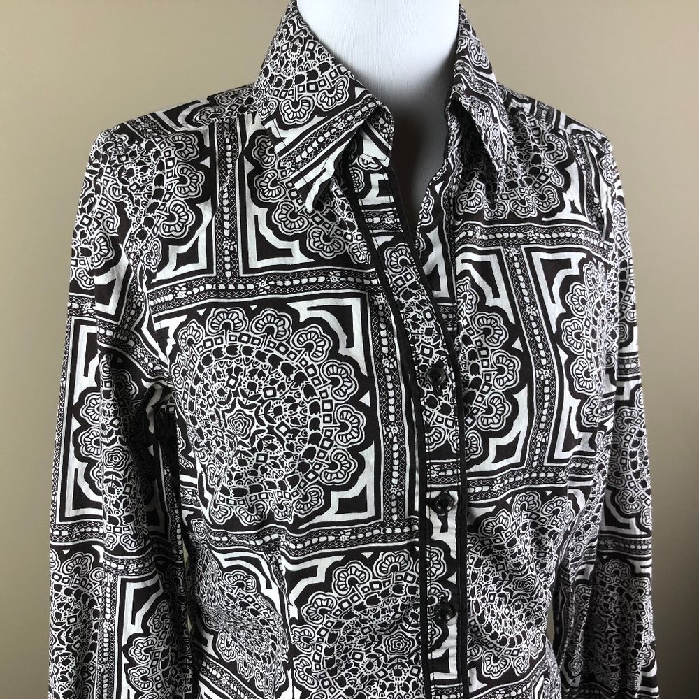 Talbots Long Sleeve Top Blouse Petite Size S Brown White, Geometric and Floral